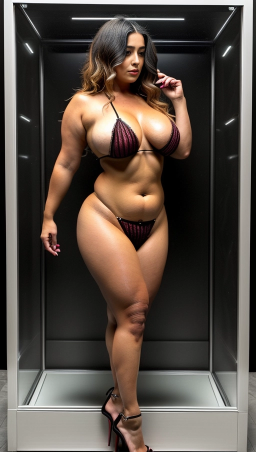 She wears a revealing button-up showcasing her voluminous natural breasts and opts for nothing underneath, accessorized with a pair of stilettos, Converted into a lifelike android, she stands encased in a hard plastic casing like an exhibit piece, Latin, Her appearance reflects her transformation from human to machine - she seems unaware or unable to respond due to her current state of preservation, Despite carrying some extra pounds she manages to retain an attractive figure, She has been transformed into a meticulously crafted android, resembling a fresh new toy, Wearing a button-down top that highlights her ample natural breasts and pairs them with nothing beneath, she finishes off her ensemble with a pair of stilettos, The Latina beauty is encapsulated inside a brightly colored plastic casing, almost as if it were meant to entice potential buyers, Her expression remains serious yet focused on her new artificial existence, Despite carrying extra weight, she continues to exude an irresistible charm trapped within the confines of her futuristic prison cell, The image portrays her entire form confined within the playful yet restrictive packaging of her display case, (((full body view, full body photo)))), ((full body view)), ((natural big breasts)), (((overweight))), (((hyperrealistic))),
Masterpiece,
perfect edges,
ultra realistic,
perfect anatomy,
realistic skin texture