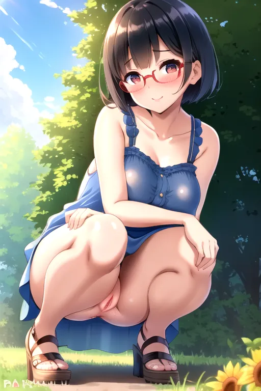 wearing a sun dress,big eyes, long eyelashes, short hair, skinny, perfect anatomy, sexy pose, juicy pussy, perky tits, shy, blushing, round glasses, outside, underboob, no panties, petite, detailed, 4k quality, detailed drawing, on a field, wide hips, puffy nipples, legs open, mischievous, squatting