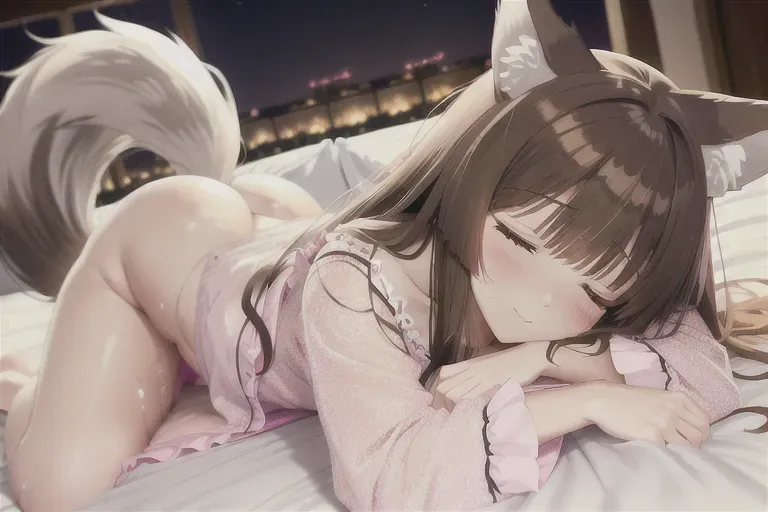 high quality, highly detailed, cute, shy, brown hair, wolf girl, wolf ears, wolf tail, fluffy ears, fluffy tail, Kemonomimi ,anime girl, night gown, beautiful, laying down, laying down, laying back, lewd face, <lora:dpmg_pantpulldown:1>, panties pulled down, panties around lower thighs, perfect pussy, pink pussy, pantpulldown, pinned down, night gown is white, wet, hugging a pillow, on bed, asleep, sleepy, nap, eyes closed, blankets strewn about, night, night time