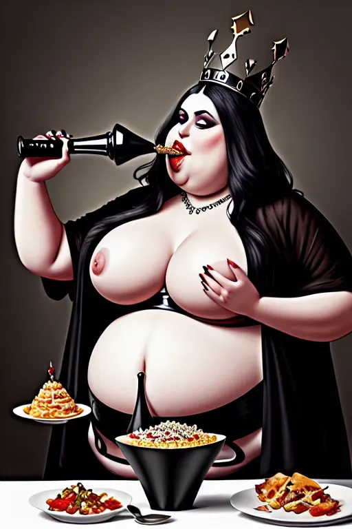 gluttonous, obese, fat, queen, eating, goth, big belly, drinking from a funnel