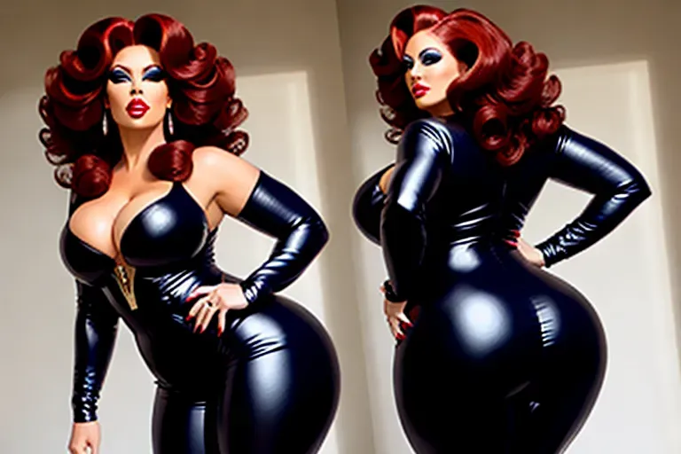 sexy curvaceous villainess with big hair wearing a catsuit, dancing seductively, rear view, looking over shoulder