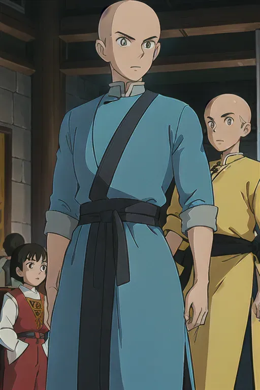 ghibli style, mmuscled male late teens early 20s
shaved head and no facial hair bright eyes to show innocence
avatar the last airbender digital art, yellow airbender robes, bald handsome , good looking ((masterpiece)) <lora:dpmg_ghibli_style:0.92>