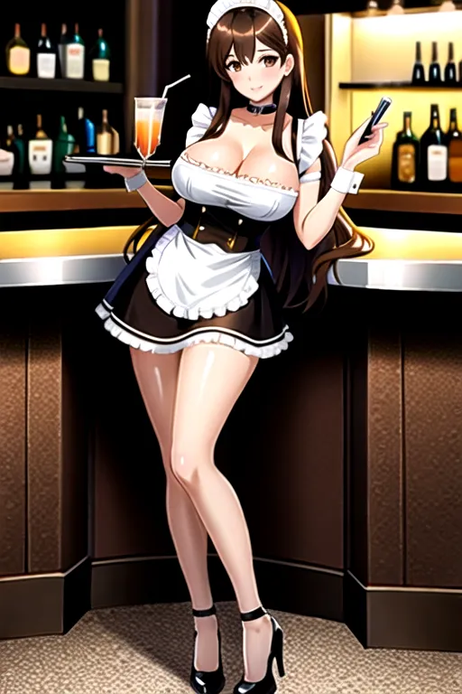 brown hair, brown eyes, giant breasts, white maid uniform, miniskirt, choker, long hair, high heels, in bar, slim body, looking at viewer, 1 girl, cleavage, 4k, serving drink