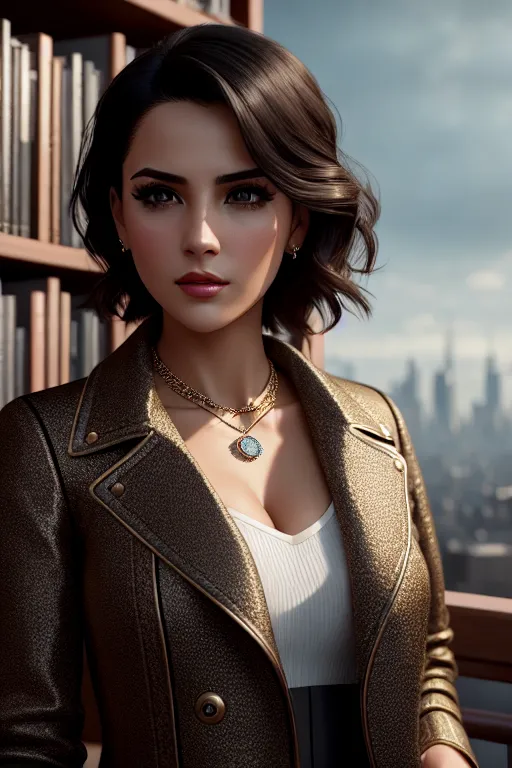 a digital art of,anastasia makeeva,wearing jacket,shooting from a high point,at the library,five fingers per hand,short hair,charming face,beautiful lips,black eyes,curved eyebrows,curved eyelid,textured skin,satisfaction,wearing necklace,cinematic lighting,ultra realistic,8k,highly detailed,artstation