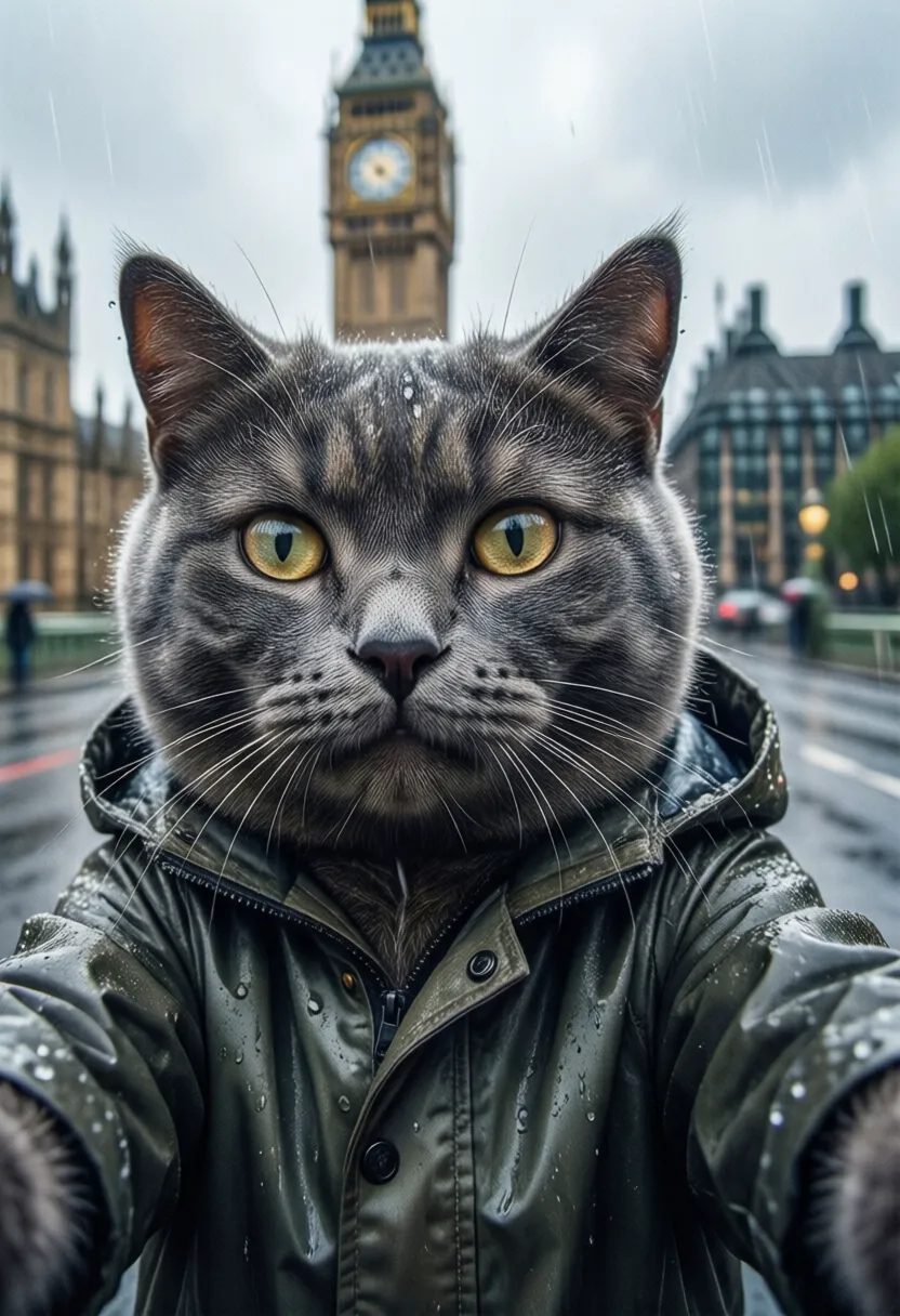A realistic gray cat taking a selfie in front of Big Ben in London, raindrops on its fur, wearing a miniature raincoat