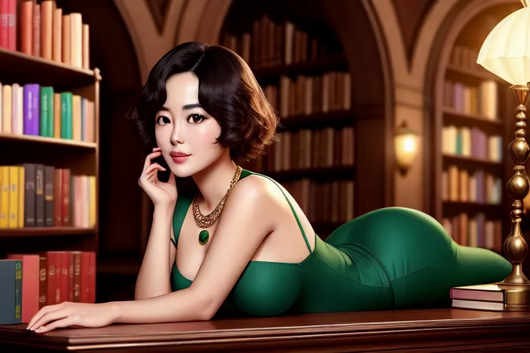 a digital painting of,song hye kyo,wearing willy wonka,arched back pose,at the bookstore,big breasts,five slender fingers,short hair,beautiful face,beautiful lips,green eyes,curved eyebrows,curved eyelid,wearing necklace,smooth,surreal,8k,unreal engine,artstation