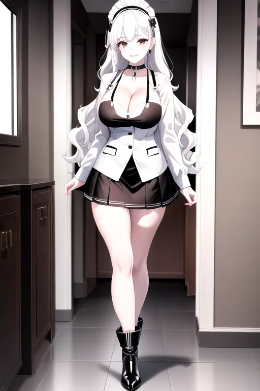 miniskirt, black maid uniform, white hair, choker, brown eyes, pale skin, giant breasts, boots, cleavage, high heels, looking at viewer, walking across room, living room, 1girl, smiling, wavy hair, 8K, Full body photo, slim body