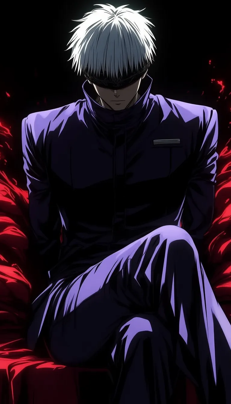 dark_art_style, (gojou satoru:0.6), white hair, purple pants, high collar, blindfold, covered eyes, black blindfold, purple jacket, purple pants, 1boy, solo, alone, masterpiece, highres