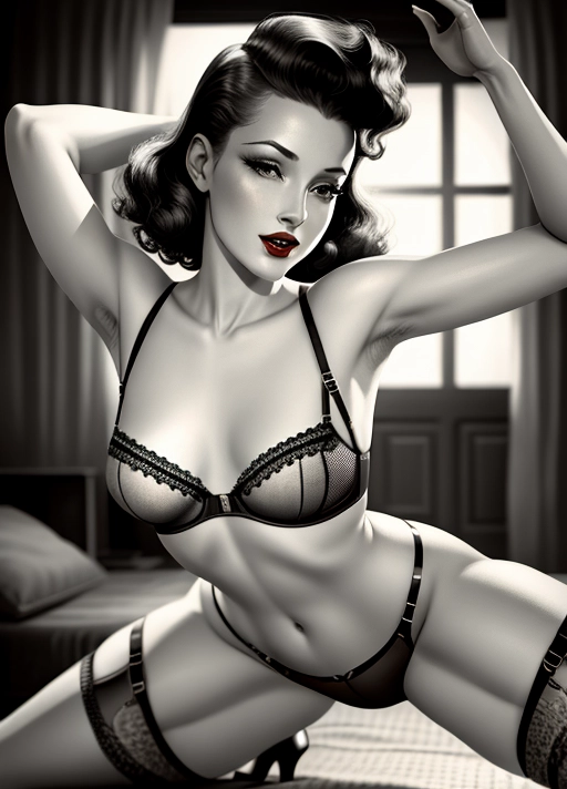 sexy vintage pinup, (bullet bra), vintage porn, vintage lingerie, pointed breasts, vintage bra,
((photorealistic)), (filigree)
Nipples exposed,
Kinky,
active scene, active pose, active sex,
various positions,