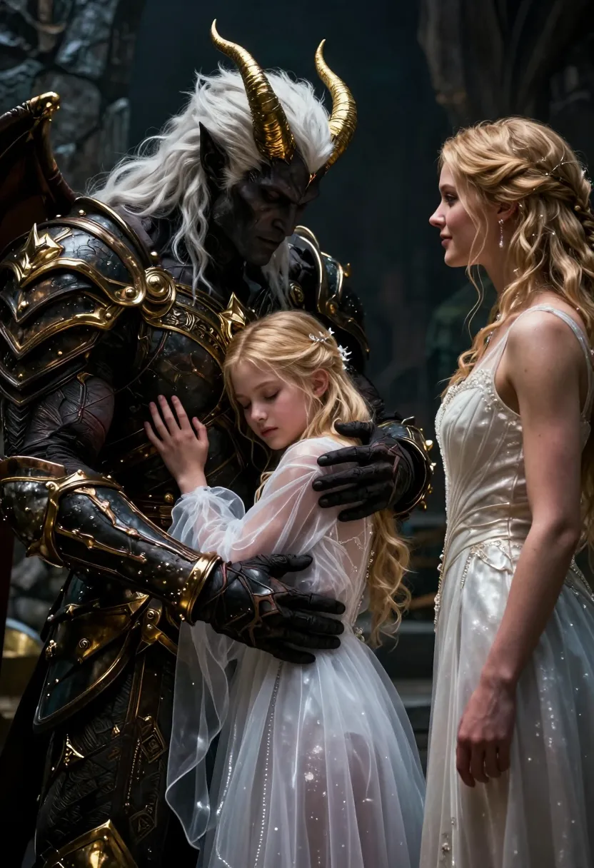 In this captivating fantasy scene, a muscular, dark-skinned demon with striking white hair and golden horns tenderly embraces a beautiful blonde youngest childish 15 years old Girl in a transparent white, flowing dress. Her eyes are closed, and she leans into his strong, armored frame, exuding a sense of trust and surrender. A second blonde woman, also in a white dress but with a more modest appearance, stands to the right, observing the couple with a gentle smile. The stone wall in the background adds an ancient, mystical vibe to the setting. This enchanting moment feels both powerful and intimate, perfect for fans of fantasy romance. #FantasyRomance #DemonLove #EpicFantasy #MysticalMoments