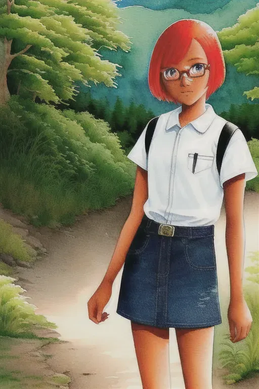 This girl has short, straight, red hair. She has hazel eyes and dark skin. She is average height and 18 years old. She has freckles and has glasses. She is a rich girl who is smart and likes watercolour painting and hiking. She is straight