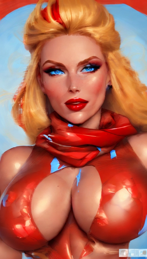 excited expression, vivacious, lively, large blue eyes, round pretty face, enormous lips, big tits, painted face with red stripe over eyes and red lipstick, medium length blonde hair, red bandana holding back hair, red latex gloves, red latex bodysuit, tits bared, smiling coyly, wasp waist, middling height, thick thighs, friendly demeanor