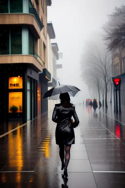 Beautiful dark haired girl walking in the rain
