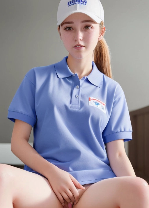 mascot girl for a watercolor company, deep depth of field, full body visible, an ultra realistic, Raw photo, super high definition, ultra quality photograph of, 19 year old, white background, mouth slightly open, fast food worker uniform, polo shirt, (((nude below waist))), cap on, ponytail, brown_hair, ombre blonde, realisticuncensored, (((sex))), cum dripping, ((sitting on ground)), (((pussy visible))), (highly realistic detailed face), modest clothing, flawed skin texture, harsh lighting, cinematic