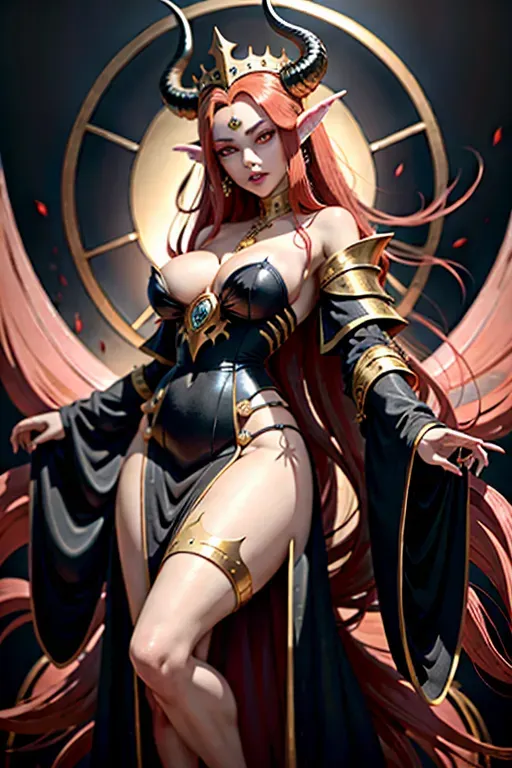 A tiefling in tatered cult robes with golden jewelry, red eyes, sharp claws, sleek black dress, Brass jewelry adorns her wrists and fingers catching the light, Brass jewelry, A long tail, snake tail, tail with finned spines, tail lined with spikes, Framing her face, vibrant red scales, red scales, red scales cover her arms and legs, Protruding from her forehead a pair of majestic horns, large horns, horns, Sharp fangs, fangs, her hands are claws, Claws
HD, high quality,
She drapes herself in a flowing black dress, flowing black dress, lack dress, Adorning her wrists and fingers brass jewelry, brass jewelry, jewelry, rings, armbands, necklace, brass rings, brass armbands, brass necklaces, Her dress tattered at the edges, damaged, tattered clothes, damaged dress, revealing cleavage, Along her serpentine tail finned spines, serpents tail, finned spines, tail with menacing spikes, Her face is framed by a cascade of vibrant red scales, scales on face, red scales frame her face, brass crown, tiara, brass tiara, Atop her forehead a brass tiara, regal horns, regal horns, sharp fangs, fierce claws, black robes, robes, wizard robes, cult robes, black clothes, covered up, little skin, red eyes, red bushy hair, long red hair, long red bushy hair, Bowsette, dragon, dragon horns, dragon tail, dragon claws, dragon scales, a beautiful woman with long brown bushy red hair and a set of dragon horns she has a set of spikes along her back all the way to her long tail, her arms are covered in scales and adorned with claws, she wears a long black dress robe combo with brass jewelry covering her, claws, scales, dragon claws, seed scales, dragon scales, red dragon scales, red snake skin, snake scales, red snake skin, black dress, covers in dress, clothes, covered in clothes, dress, black dress, black robes