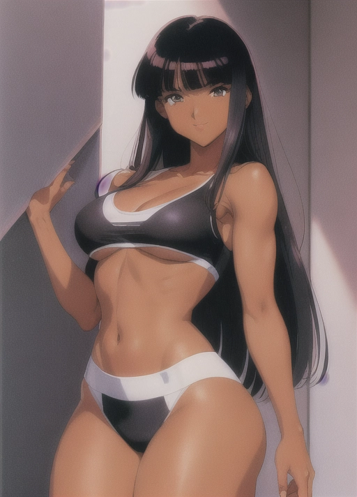 (((90s anime art style))),(masterpiece), absurdres, smooth, soft lines, soft edges, perfect edges, (soft lighting), (soft glow), perfect anatomy, detailed background, hair with great details, perfect eyes, perfect face, (looking at viewer),
lip gloss, smiling, ((flushed cheeks)), erotic, sensual,((office background)), hand on hip
((Long bowl cut)), black hair, thick thighs, wide hips, small breasts, ((dark skin)), ((extremely dark skin color)), tall slim athletic build, athletic, sports bra, ((thick arms)), muscular arms,