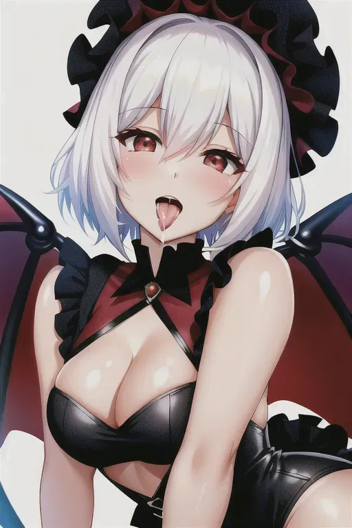 cum in mouth, open mouth, cum on tongue, cum on face, cum on breasts, short hair, fluffy hair, white hair, red eyes, vampire, cute, medium sized breasts