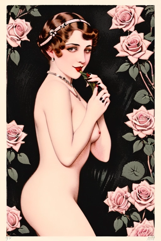 ((((Erotic 1910s style American commercial bad-girl art full color lithograph illustration)))), ((full color)), extreme closeup pov lower lip, sniffing a black rose, gorgeous young nude redhead woman, completely naked, beautiful face, (sexually aroused smile), ((alluring smile)), (((seductive expression))),((((flirting)))), beautiful eyes, ((((looking at me)))),(((looking into my eyes))), ((showing pussy)),((looking at viewer)), in a rose garden full of black roses,