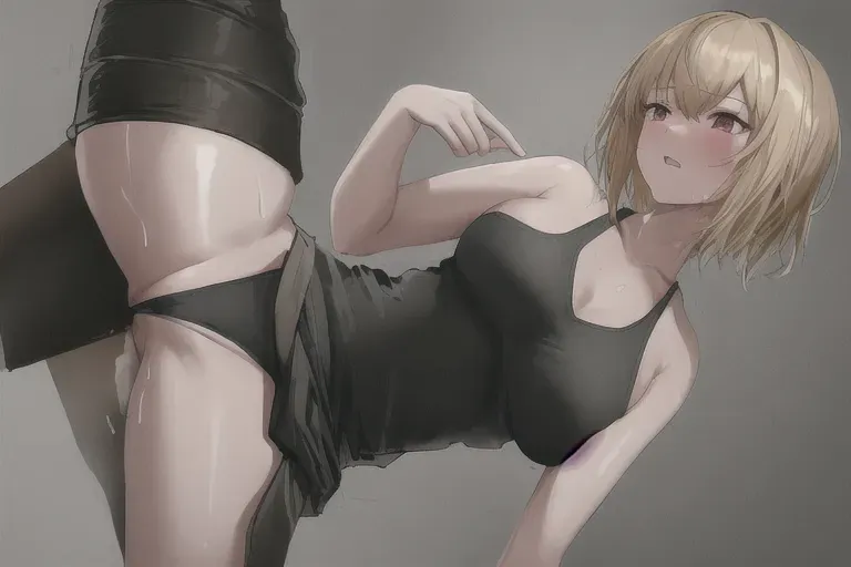 a digital painting of a girl, masturbating through pants her pussy,her hand is in her pants, in sports locker room, after workout, satisfaction, orgasm, slim waist, wearing white sweatpants, wearing tank top, medium breasts,pale skin, sweating, detailed skin, short blonde hair,the view between the legs,