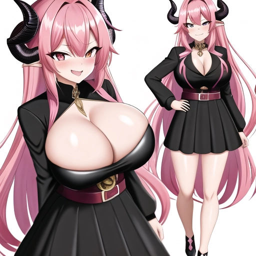 Dragin horns, Dragon girl, black dress, pink hair, multicolored hair, smug face, showing cleavage