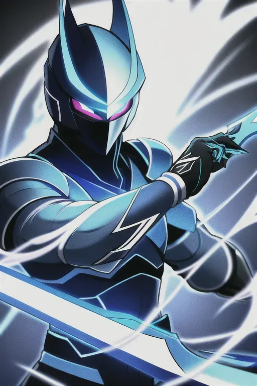 Ninja, full face mask, white, glowing blue accents, with a sword, male, 8k wallpaper, best quality, ultra hd, global lighting, hi-resolution, high quality, highly detailed, lightning in the background