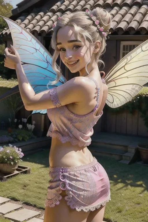 a 8k high resolution photo from behind of,playful emilia clarke,((smiling straight into the camera)),((((Lacey tee)))),revealing nipples out,(((detailed female anatomical features))),curved eyelids,beautiful lips,textured skin,editorial,(messy hair bun), ((fairy wings)), watching the camera, on a garden