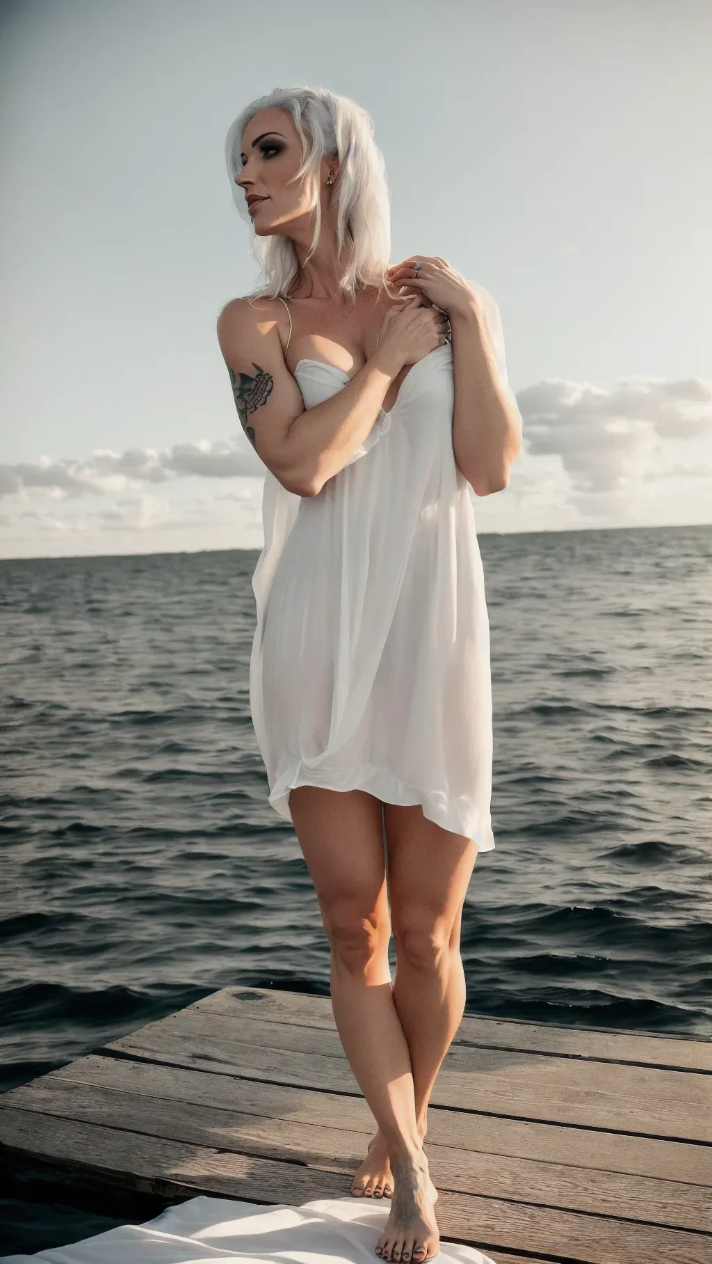 Brown hair girl wearing white nightgown standing on a pier on a lake, barefoot, small breast, skinny. Tattooed,