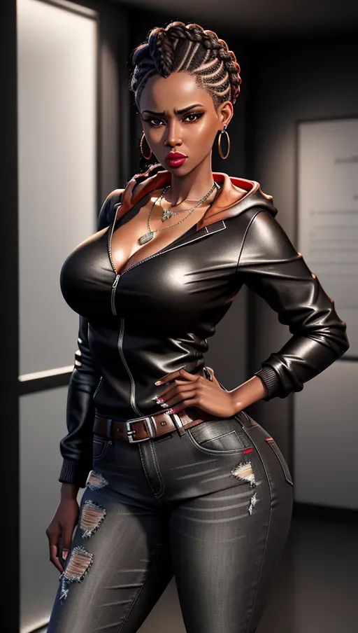 masterpiece, a black Dominican teacher, (double French braid), small lips, (hand on waist), (scold the viewer), annoyed, extremely SKINNY slim THIN ANOREXIC, hoody, jeans, Stiletto Heel, Elegant earrings, Elegant Necklace, red lipstick, highly detailed, hyperrealistic details, dense, atmospheric, cinematic, octane render, unreal engine, hyperrealistic, Blender Model, Detailed render, Environment design, vivid colors, Tungsten lights, Raytracing, absurdres, UHD, HDH, HDRi, 8k, 16k, 32k