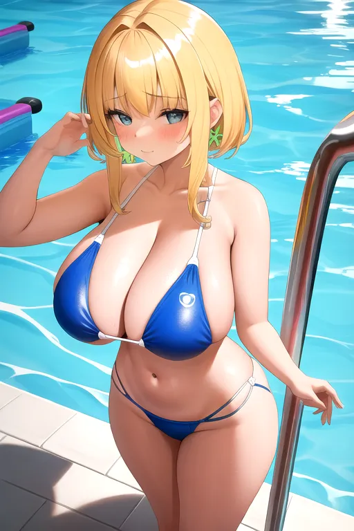 Looking down on a short young teenage girl with gigantic breasts, swimsuit, cleavage, pool