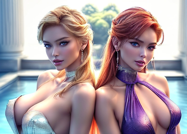 (Outstanding face and upper body portrait of two very beautiful women:1.4), (face like Elsa Jean and Dina Meyer:1.2), (the women are elegant and luxury escort girls looking like sexy supermodels:1.2), (wearing very luxurious and skimpy silk dresses:1.2), (medium perky breasts with deep cleavage:1.2), (erect nipples visible in dress:1.1), (dresses have bare backs:1.2), (short sexy gloves:1.1), (athletic bodies with narrow waist and toned abs:1.2), (slender hips and legs:1.1), small bottoms, high cheek bones, beautiful and detailed face, black eyeliner, purple smokey eyeshadow, make-up, detailed dark or blue eyes watching the viewer, arched eyebrows, (some freckles in Dina Meyers face:0.8), shy but sexy smile on their full pouty lips in pink or red, fabolous smile showing some nice white teeth, (sexy pose with one arm around the waist of another woman:1.2), (one arm raised exposing bare armpit:1.1), detailed hands with slender detailed fingers,
(Elsa Jean hs extremely long plantina-blonde hair and Dina Meyer has short straight ginger-red hair with bangs:1.4), (both women are watching the viewer with thei distinct blue eyes:1.4),
background cinsist of a luxurious garden in an italian mansion with marble columns and statues, standing outside in the garden next to a pool, (portrait focus on face and upper body:1.6), (masterpiece:1.2), (photorealistic:1.2), <lora:dpmg_add_detail:1.2>, (view from behind and above:1.2), (NSFW:1.2),
great shadows, best quality, highest quality, highest resolution, 8k, Perfect composition, masterpiece, sharp focus, perfect anatomy,