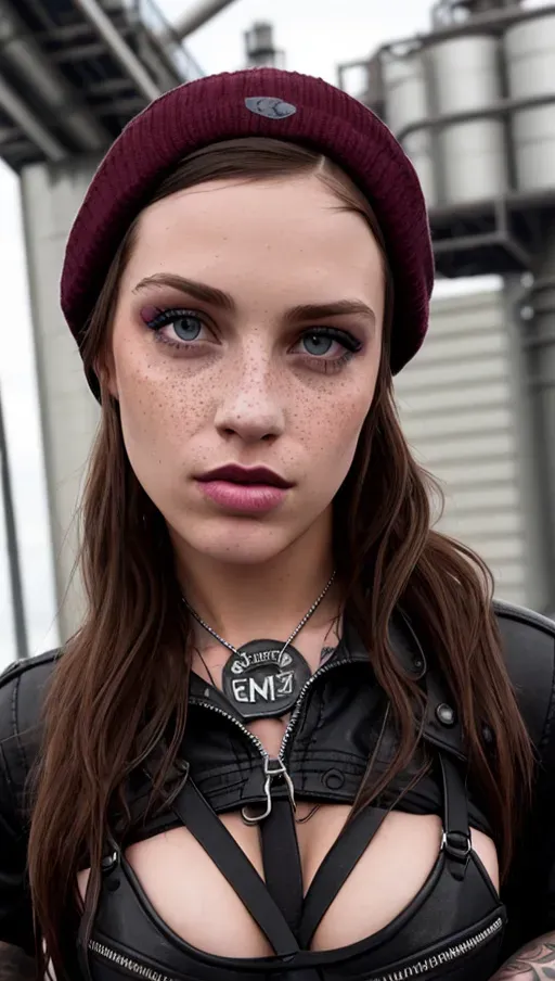replicate inspiration face, freckles, delinquent girl street punk standing in refinery, clothing exposes both breasts, 1girl, breasts, vagina,nipples, braid,black hair, standing, torn clothes, piercings, jewelry, tattoos, black lipstick, black eye make up, finely detailed background, amazingly intricate background, incredibly absurdres, best quality, realistic penis,