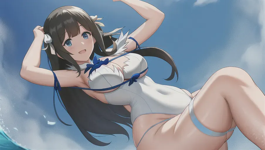 Hestia bouncing out of her swimsuit