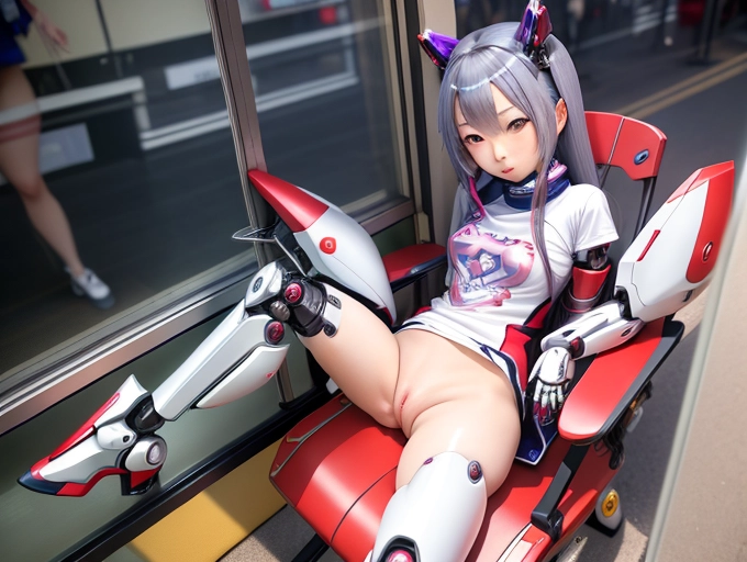 Japanese skinned, Sexy Anime robot, ((cute)), robot arms, sitting on a chair, ((legs spread)), perfect pussy, shiny eyes, no panties, fashionable shirt, view into store window