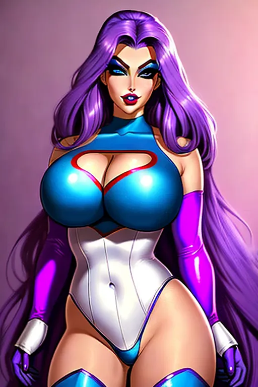 A 25 year old female superheroine, beautiful round face, large eyes, seductively smiling, large breasts, dressed in a sexy circus costume, circus makeup, long purple hair. Pale Blue eyes, comic book style
