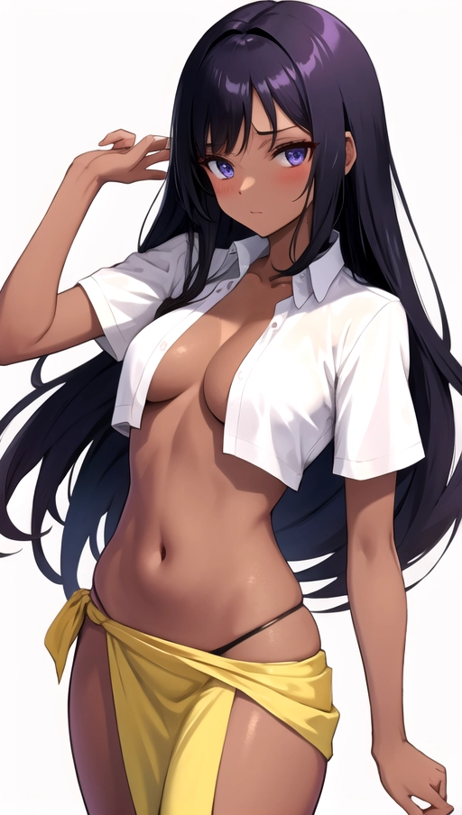 (more_details:1), nico_robin, brown, tanned skin, white formal blouse, long purple sarong, long black hair, fringe hair, blue eyes, round tit, round ,thick thighs, small waist, solo, 1 girl, body perfect, body complete