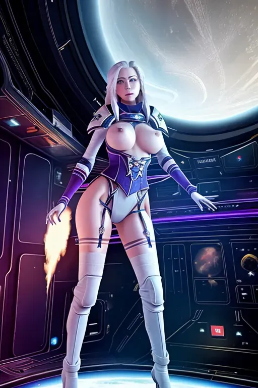 mara sov, in space shuttle, doing magic, stoic, pov, big tits, skinny, in focus, full body, royal lingerie