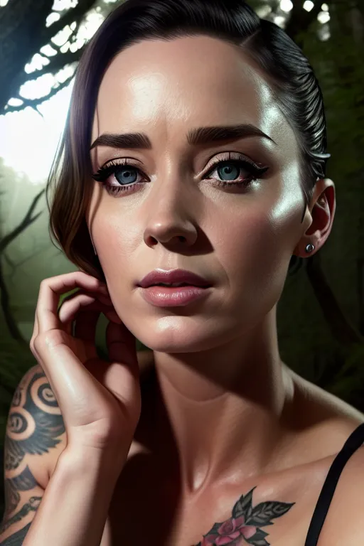 a photograph of,emily blunt,lying,in the forest,five slender fingers,undercut hair,beautiful face,beautiful lips,detailed large eyes,curved eyebrows,curved eyelid,smooth skin,tattoo,ultra realistic,cinematic lighting,studio lighting,smooth,pixiv