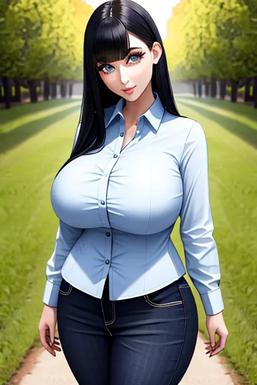 Gorgeous young European bimbo, raven-haired beauty, big tits, very busty, black hair, cute young face, pale skin, light blue eyes, full plump beautiful big lips, sexy, slim waist, perfect thin hourglass figure, arched back, farmgirl outfit, tight button-down red flannel shirt, photorealistic, best quality, ultra high resolution