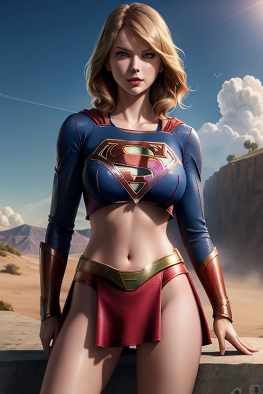 Supergirl with Taylor swifts face (ecstatic:1.2), torn top, suck on my breasts, (outfit:1.4), nice (breasts:1.4) with nice nipples, dynamic scene, 8K, digital photo, (cum:1.4), (slut:1.3), centred, high heels