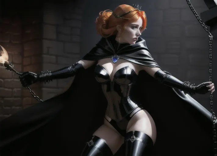 Sweet bright cheerful beautiful elegant auburn haired in a low hanging bun wide sparkling sapphire eyed Queen Anna of Arendelle in black sexy leather and satin attire with a full length cape its raised large hood obscuring her features in deep shadows as she lashes out with a woven leather whip against a prisoner chained-up in a dark dungeon.
horror