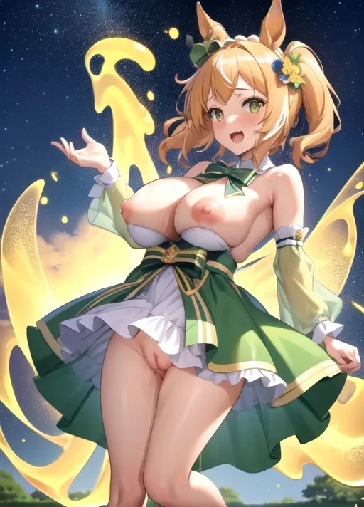 best quality, masterpiece, 1girl, detailed background, highly detailed beautiful face and eyes, Umamusume Pretty Derby, Taiki Shuttle, yellow short straight hair, ( forehead: 0.9 ), green eyes, horse ears, wearing a yellow diamond on her hair, wet slime body, nude, huge breasts, creampie, open mouth, laughing, pussy out, masturbating while standing, at Goryokaku Park in Hokkaido, aurora borealis night sky, full body, fisting frontal