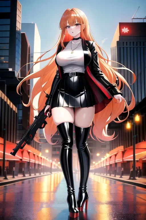 full body, strawberry blonde hair, hazel eyes, short girl, black miniskirt, black high heel boots, looking at viewer, long hair, pale skin, silver necklace, black shirt, 24 years old, giant breasts, cute face, pov, wavy hair, city environment, Oklahoma City, wide eyes, erotic, skirt tug, red trench coat, holding rifle