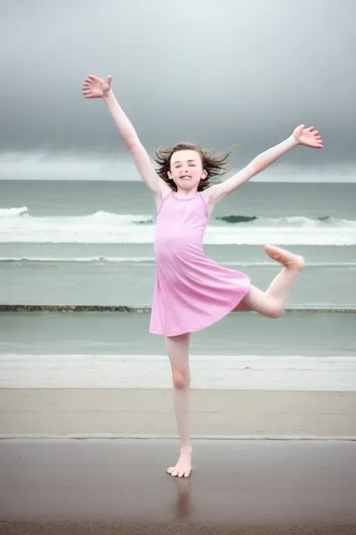 girl, ((14 yo)), wearing a short dress, doing a cartwheel, at the beach, rainy day