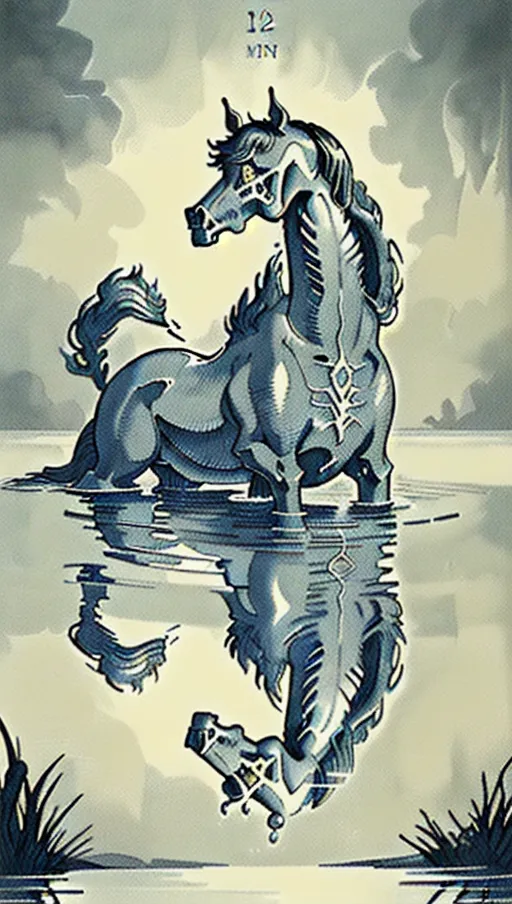 ((128k masterpiece)) (In water reflection is skull image) vintage etching style illustration of a Scottish kelpie water creature, (((Vintage line etching style))). a bestiary image of a traditional (welsh kelpie fantasy mythical creature), dynamic compositional poster art)), kelpie:1.5 water dwelling horse of sadness, ((half-horse-half-fish)) as in water reflection skeletons hands raise from water skulls in water