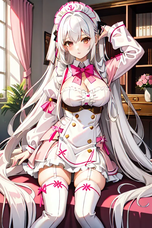 long hair, white hair, brown eyes, pink maid uniform, miniskirt, giant breasts, looking at viewer, in living room, high heels, pale skin, thigh high boots, cleavage window