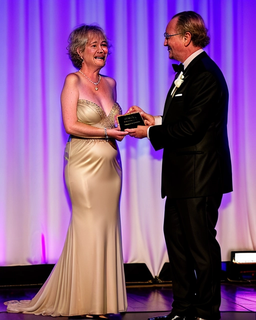 a naked middle aged lady is receiving an award on stage from a well dressed host at an elegant awards banquet