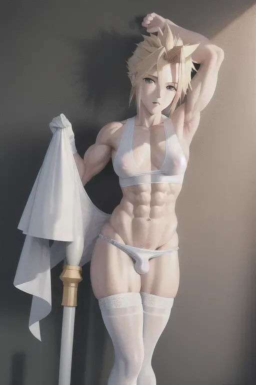 Cloud strife, adult diaper, small penis, femboy, large breasts, abs