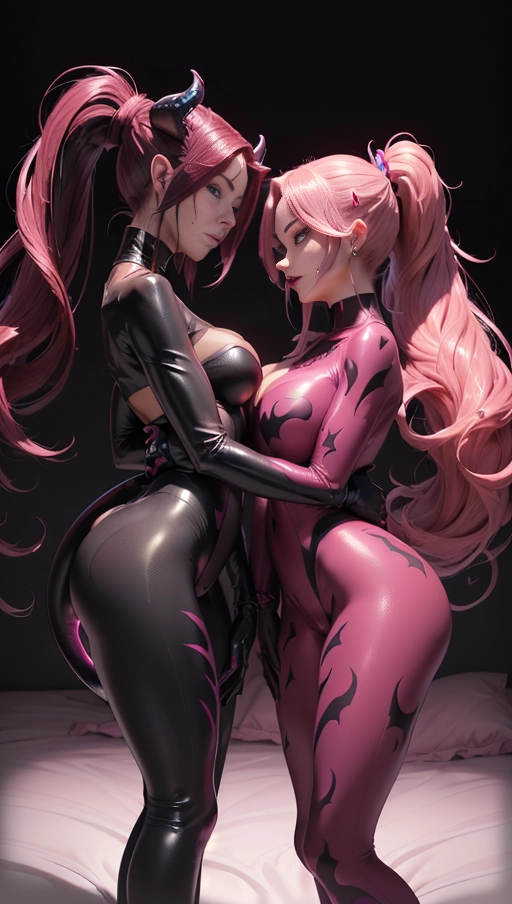 best quality, (((ultra high res))), (((detailed face and eyes))), (perfect face), (big shining heart choker), earrings, jewelry, (((big glowing succubus mark))), ((((big glowing succubus bodymark)))), (conjuring), witch, ((very long voluminous hair)), (((black gloves))), (((burgundy red hair))), (((symbiote goo hair))), (((golden bracelet))), (((huge golden hair cuff))), (((black skintight neckholder))), ((face closeup)), lipstick, (((((black demon tail))))), ((black long sleeves)), ((pink glowing heart)), (((demon mark))), heart on womb, ((((bright pink glowing skin tone)))), (((straight burgundy red hair))), ((pink glowing clothes)), ((pink luminescent)), ((((pink luminescent skin tone)))), (((pink skin))), (((huge cameltoe))), ((((symbiote goo everywhere)))), (((symbiote girl))), ((((symbiote goo suit)))), ((goo tail)), ((((single ponytail)))), (((lies in bed))), (((((2 girls)))))