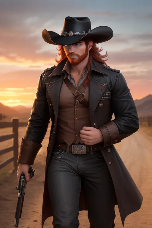 Wild west, Badass cowboi, black cowboi hat with red band and a feather, medium red hair, sharp blue eyes, strong facial features, red beard, fit, muscular, wearing a long trench coat, black shirt, holding a chrome 44. Revolver, gun holster on hips, black pants, walking away from the sunset, high definition, 4k quality, excellent lighting, great shading, pristine detail, very clear picture, accurate at lower promp guidence, five fingers per hand.