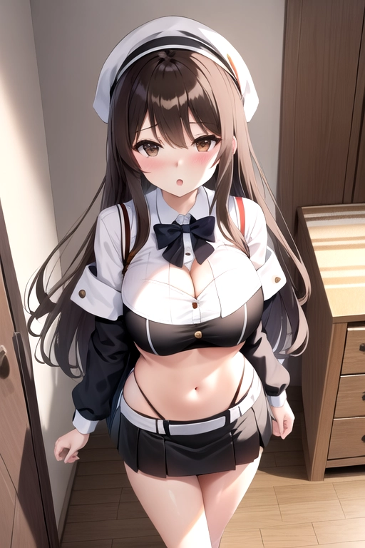 crop top, miniskirt, high heels, brown eyes, pale skin, brown hair, in living room, walking across room, giant breasts, cleavage, looking at viewer, pov, wavy hair, long hair